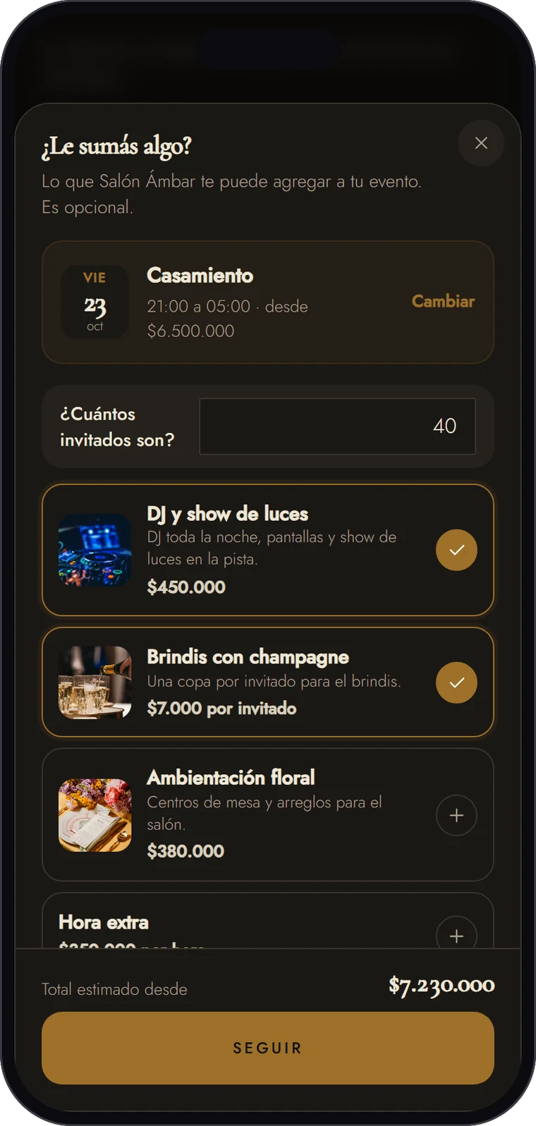 Pantalla de adicionales en la página de un salón de casamientos: DJ y show de luces y brindis con champagne, con el total estimado