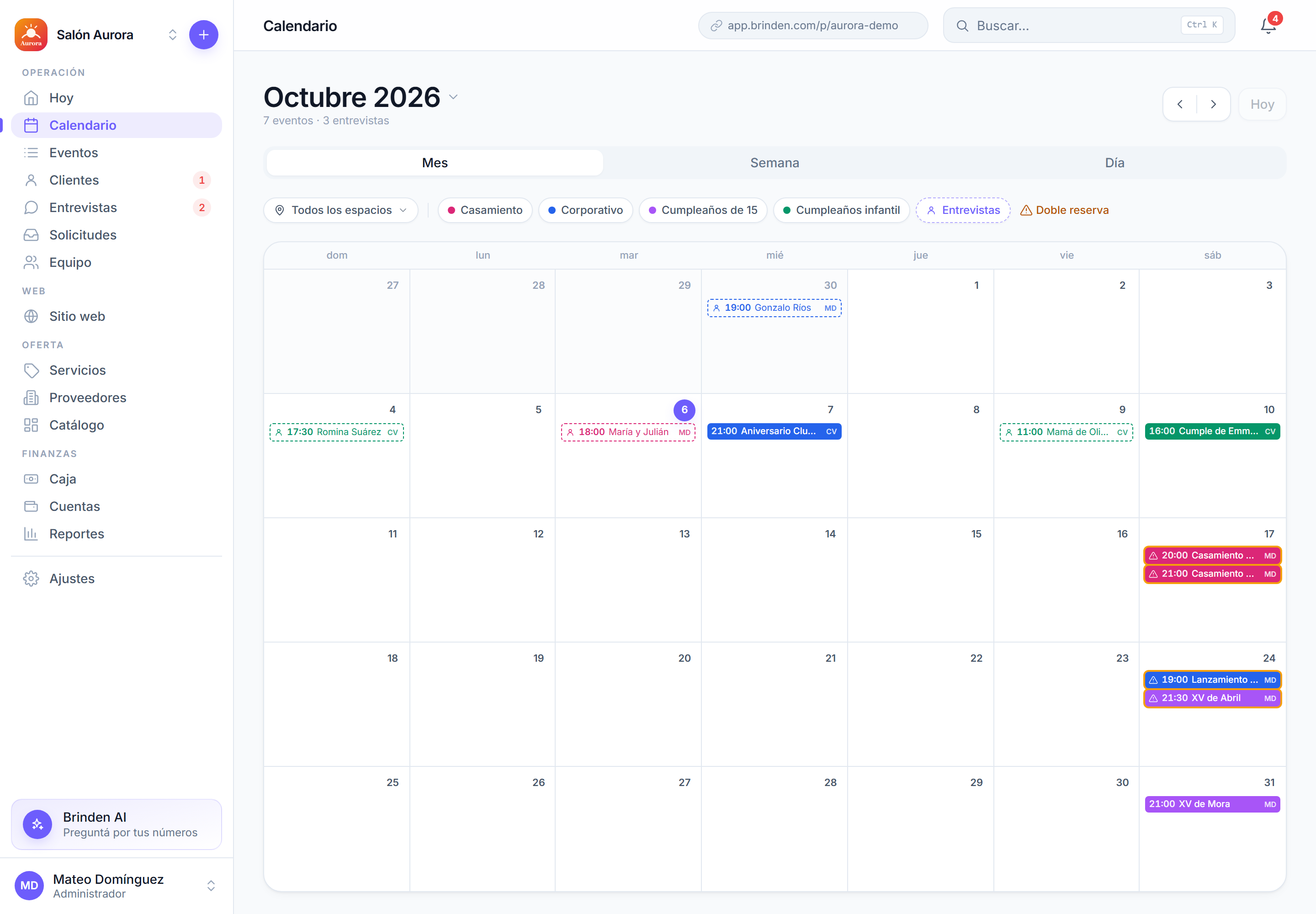 Calendario de Brinden en la computadora: eventos y entrevistas del mes con sus estados