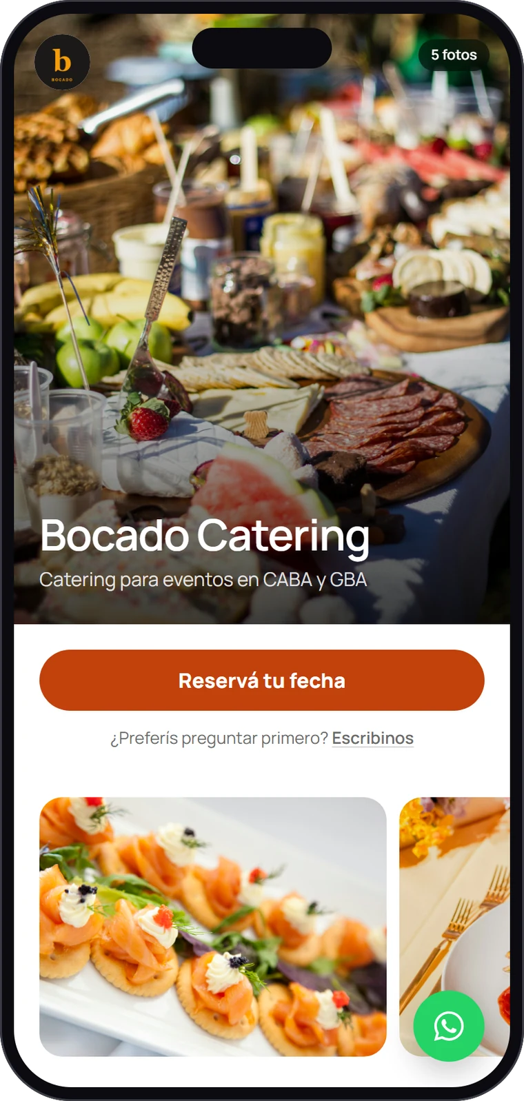 Página de Bocado Catering hecha con Brinden, con el estilo Galería, vista en el celular