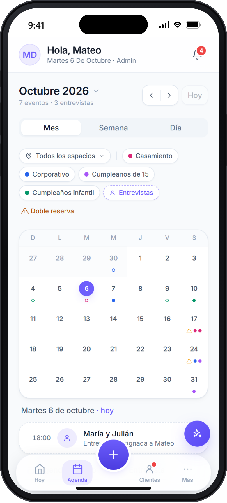 App de Brinden en el celular: el calendario del mes con la agenda del día