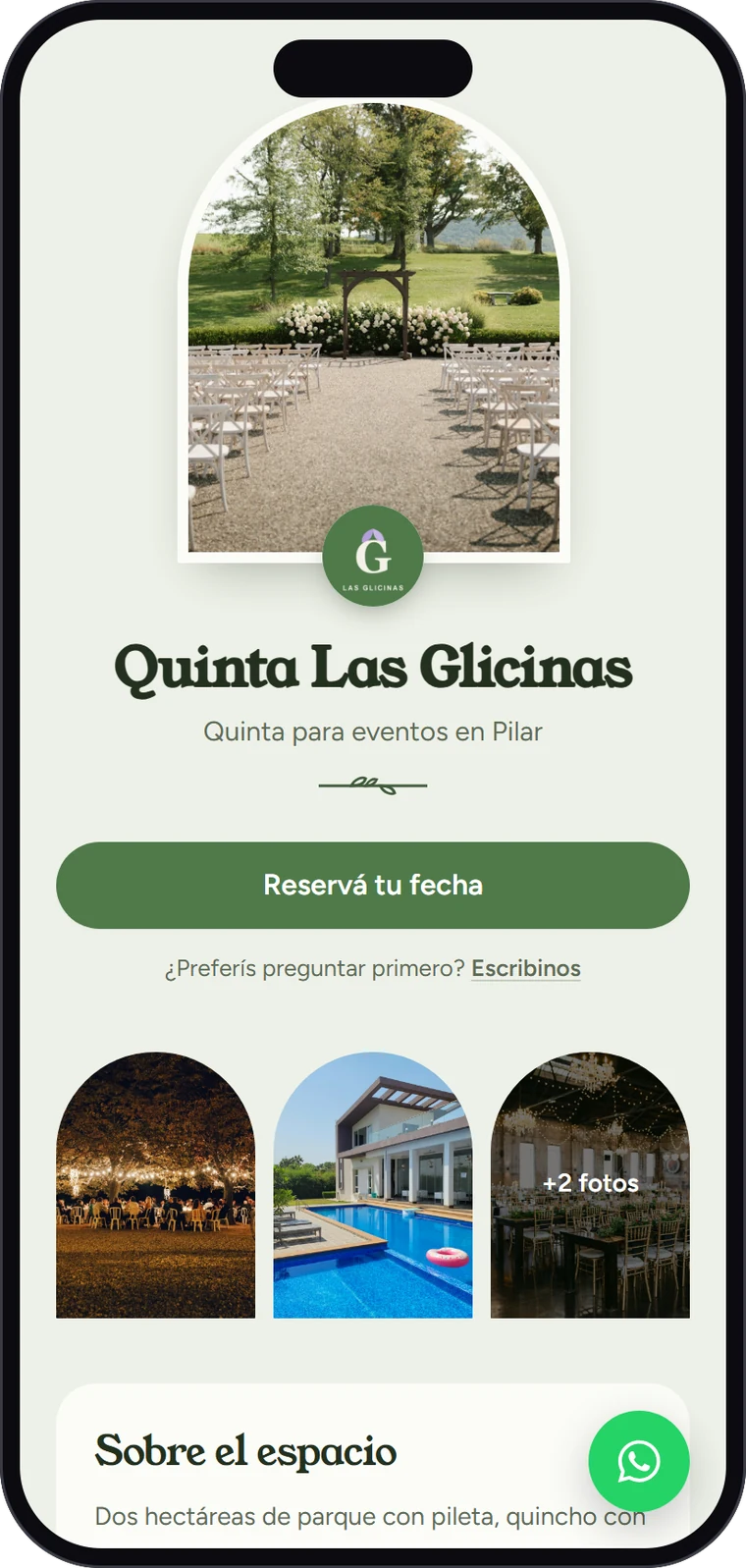 Página de un salón con el estilo Jardín, vista en el celular