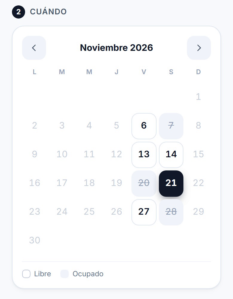 Calendario de la página del salón: sábados libres y ocupados, con el 21 de noviembre elegido
